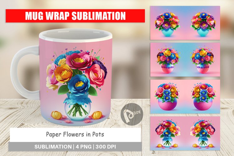 Mug Wrap Design Paper Flowers in Pots