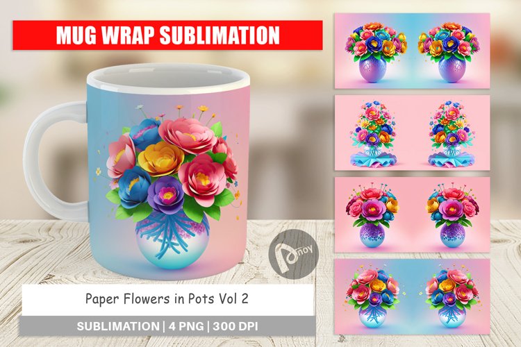Mug Wrap Design Paper Flowers in Pots