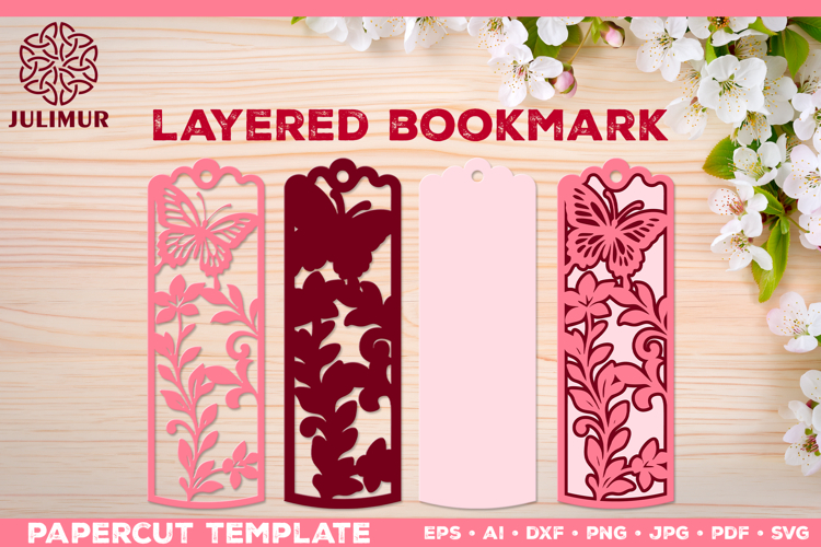 Papercut Layered Bookmark SVG Template with Butterflies