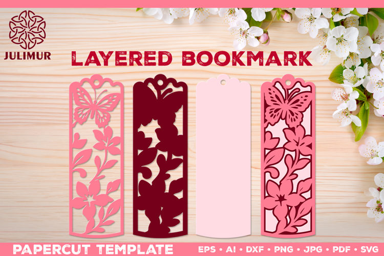 Papercut Layered Bookmark SVG Template with Butterflies