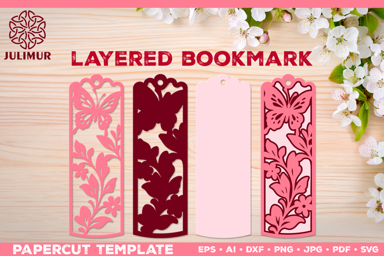Papercut Layered Bookmark SVG Template with Butterflies
