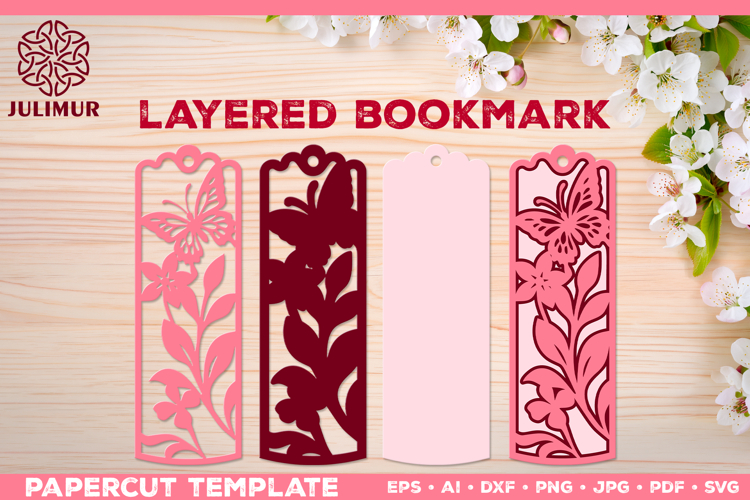 Papercut Layered Bookmark SVG Template with Butterflies