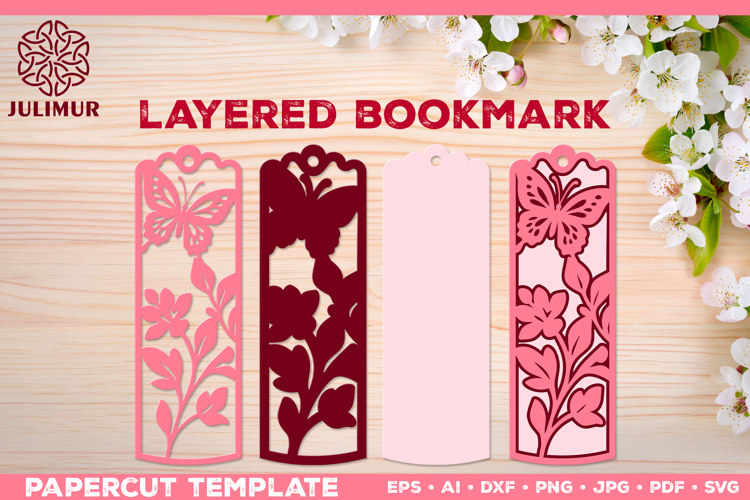 Papercut Layered Bookmark SVG Template with Butterflies