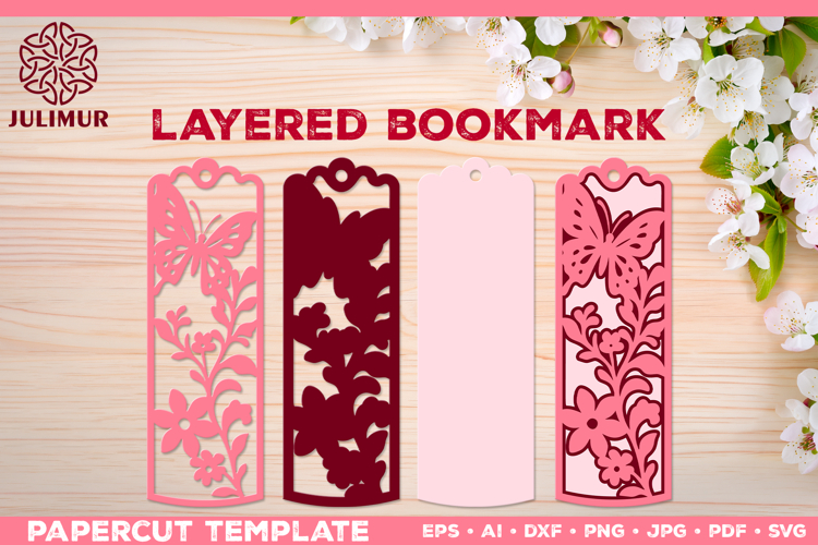 Papercut Layered Bookmark SVG Template with Butterflies