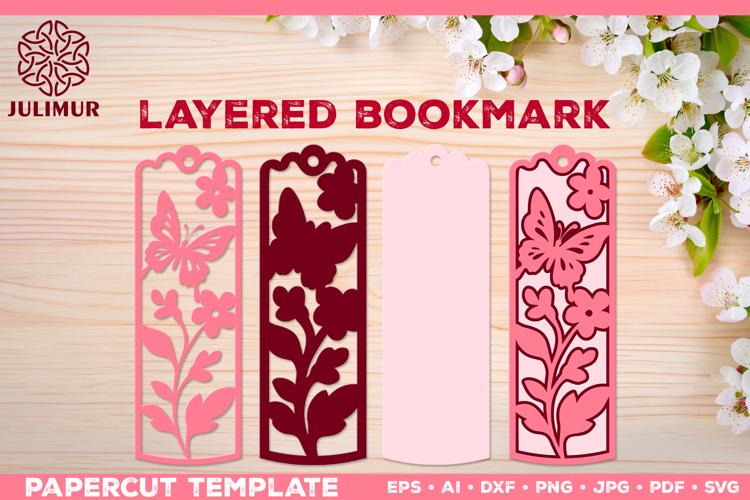 Papercut Layered Bookmark SVG Template with Butterflies