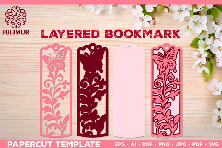 Papercut Layered Bookmark SVG Template with Butterflies