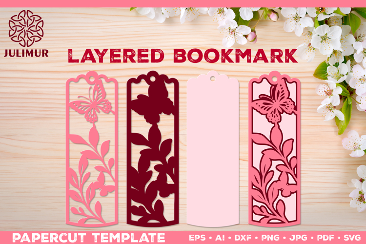 Papercut Layered Bookmark SVG Template with Butterflies