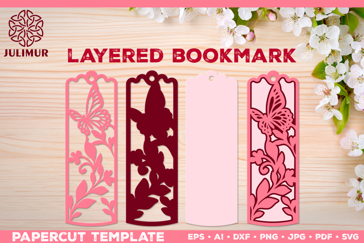 Papercut Layered Bookmark SVG Template with Butterflies