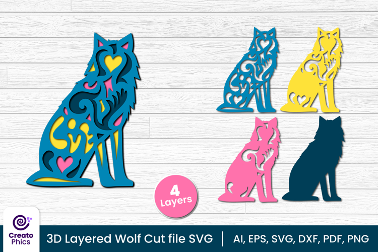 3D layered decorative wolf cut file | animal papercut SVG