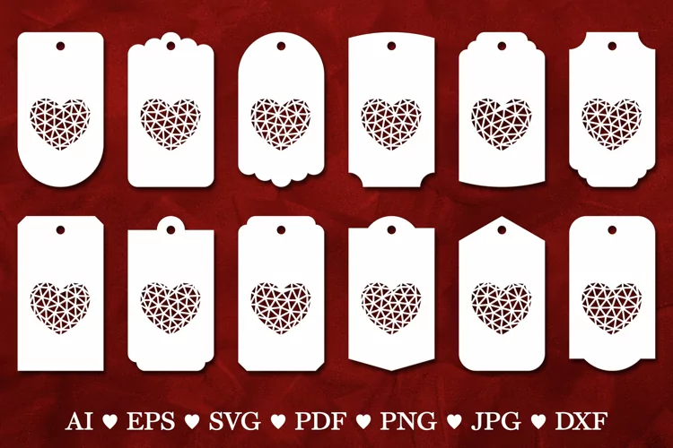Papercut Gift Tags with hearts. Hang Tags Template. Tags SVG