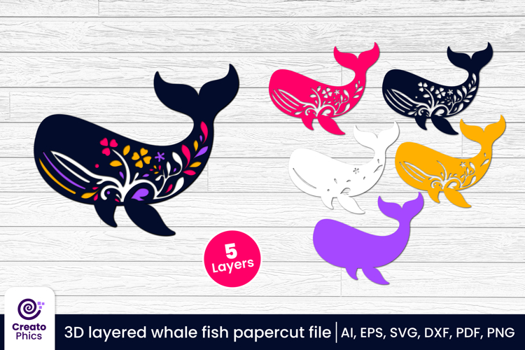 3D layered whale paper cut fish SVG | ocean laser cut file