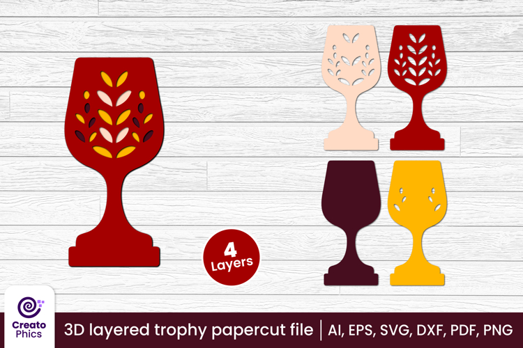 3D layered trophy paper cut cup SVG | award laser cut file