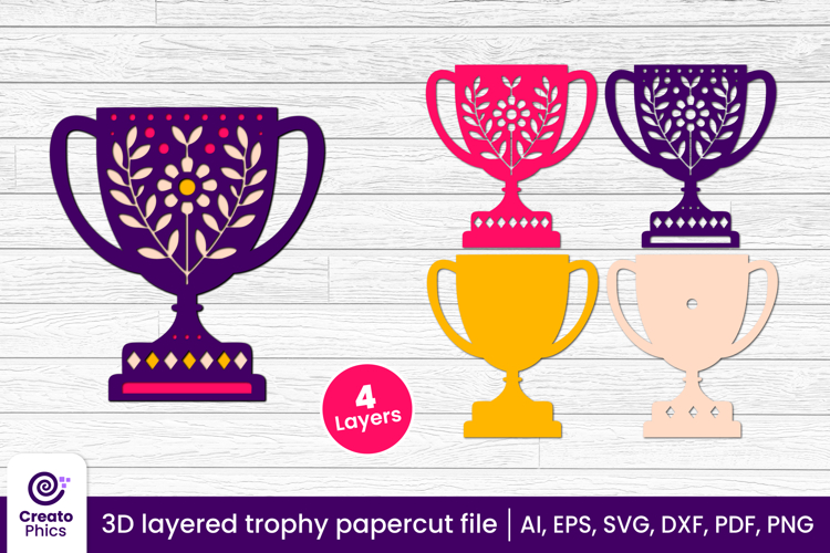 3D layered trophy paper cut cup SVG | award laser cut file