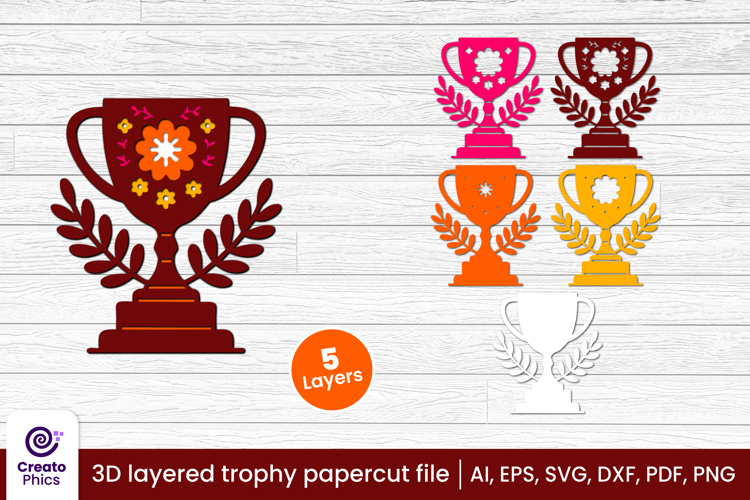 3D layered trophy paper cut cup SVG | award laser cut file