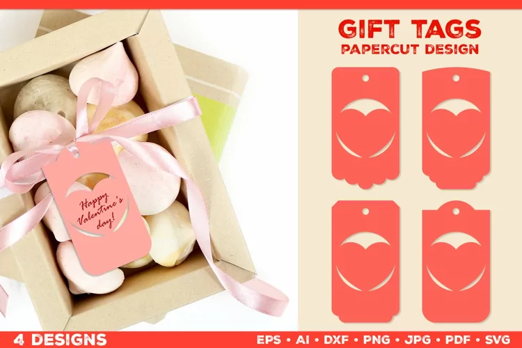 Paper Cut Valentine Tags. Valentine Gift Tags with Hearts
