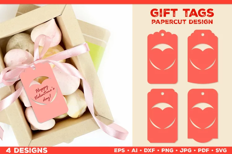 Paper Cut Valentine Tags. Valentine Gift Tags with Hearts