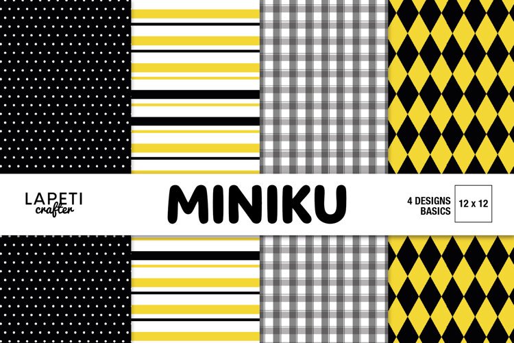 Geometric Digital Paper, Yellow Black Plaid Polka Dot example image 1
