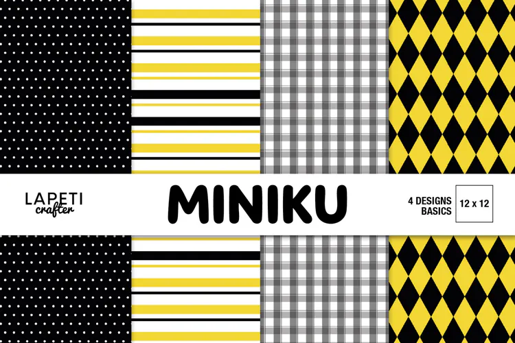 Geometric Digital Paper, Yellow Black Plaid Polka Dot