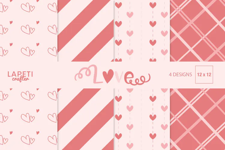 Pink Heart Digital Paper with Stripes and Plaid Patterns