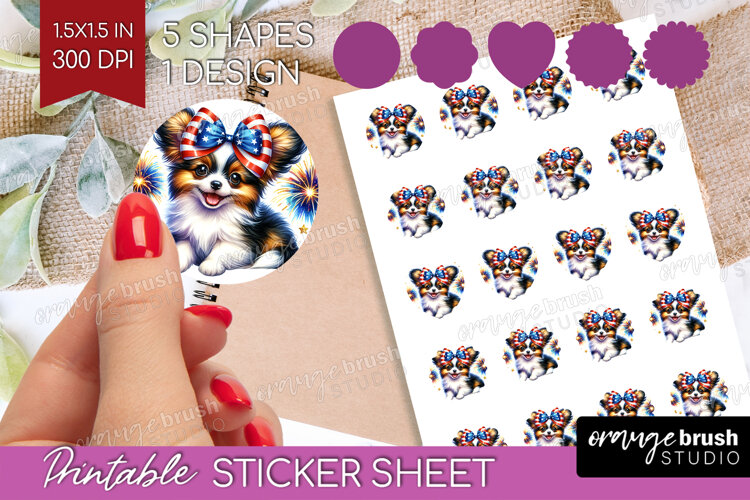Papillon Dog Round Sticker Patriotic Dog Printable Sticker example image 1