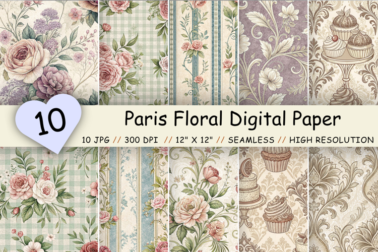Paris Floral Digital Paper Pack, Elegant French Seamless