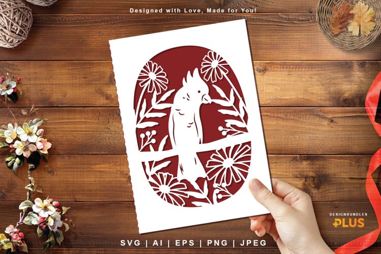 Cute Cockatoo with Flowers, A5 Card Cover Papercut Design