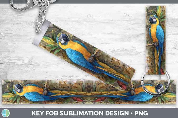 Blue and Yellow Macaw Parrot Botanicals Key Fob Sublimation