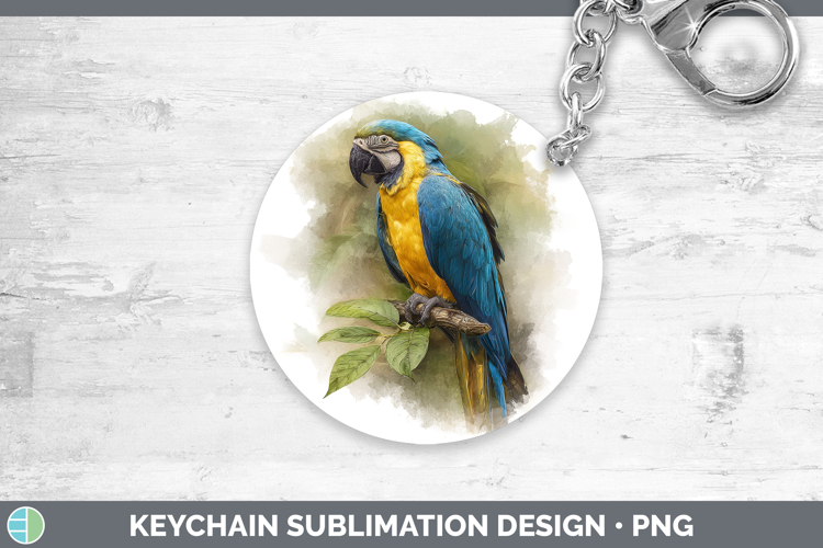 Blue and Yellow Macaw Parrot Botanicals Keychain Sublimation