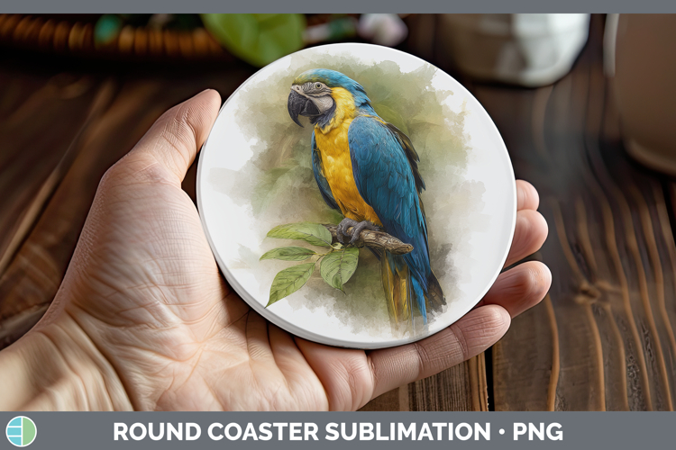 Blue and Yellow Macaw Parrot Botanicals Round Coaster Sublim