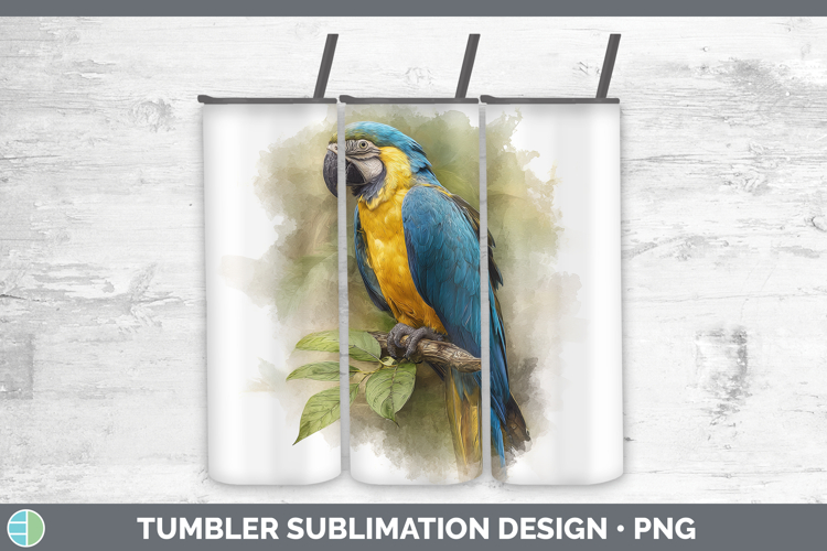 Blue and Yellow Macaw Parrot Botanicals Tumbler Sublimation