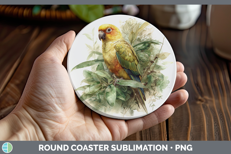 Golden Parakeet Parrot Botanicals Round Coaster Sublimation