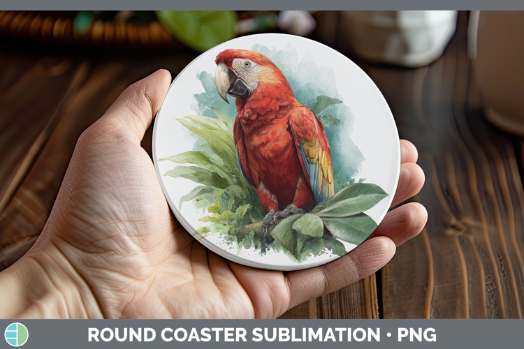 Scarlet Macaw Parrot Botanicals Round Coaster Sublimation De