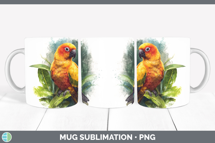 Sun Conure Parrot Botanicals Mug Wrap Sublimation Design