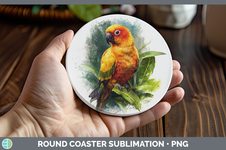 Sun Conure Parrot Botanicals Round Coaster Sublimation Desig