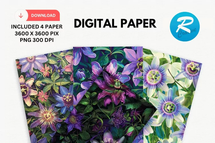 Passion Flowers Digital Paper, Flowers Background