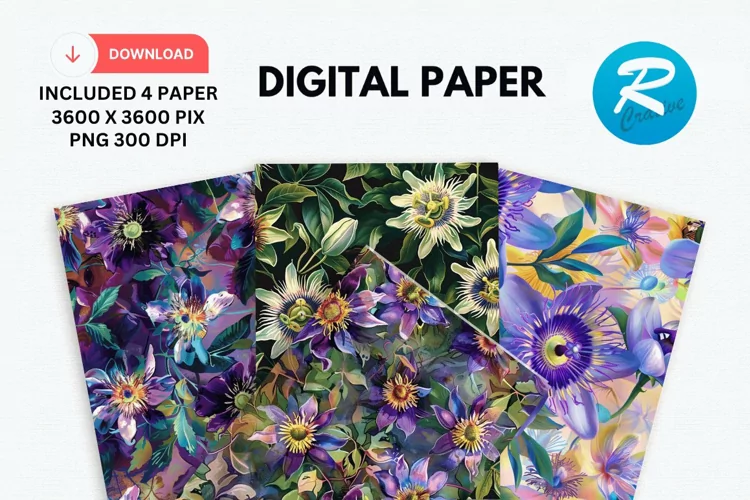 Passion Flowers Digital Paper, Flowers Background