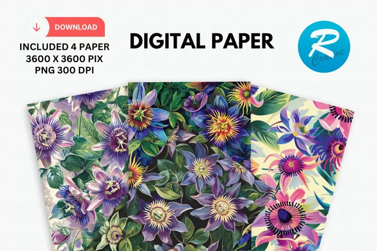 Passion Flowers Digital Paper, Flowers Background