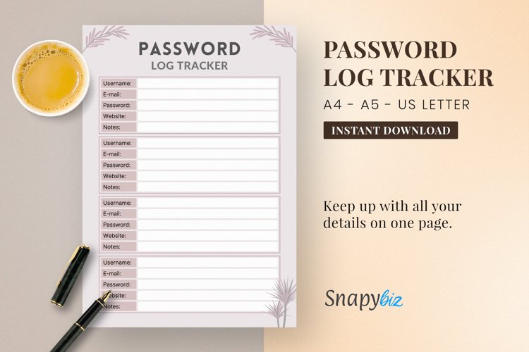 Password Tracker Printable | A4 Password | A5 Password | US