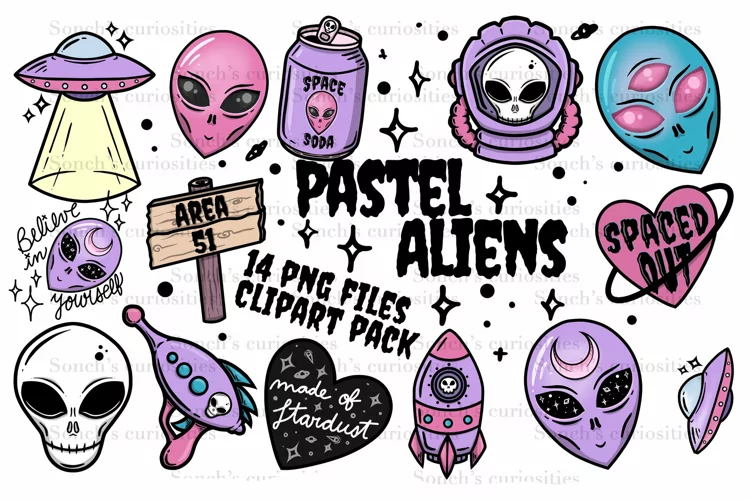 Pastel Aliens / UFO - 14 goth PNG files