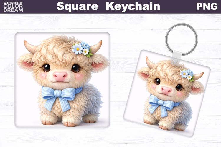 Cute Pastel Highland Cow Square Keychain Sublimation