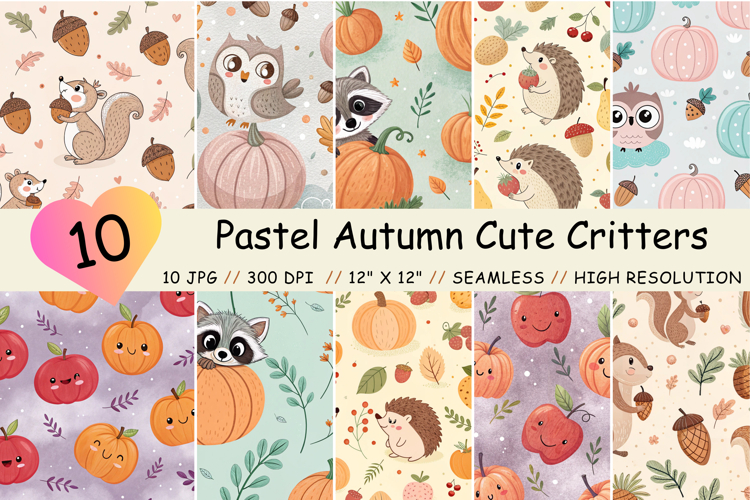 Pastel Autumn Cute Critters Digital Paper, Digital Paper