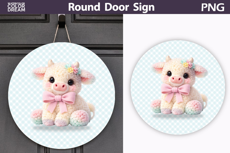 Coquette Baby Cow Round Door Sign | Pastel Farm Nursery PNG