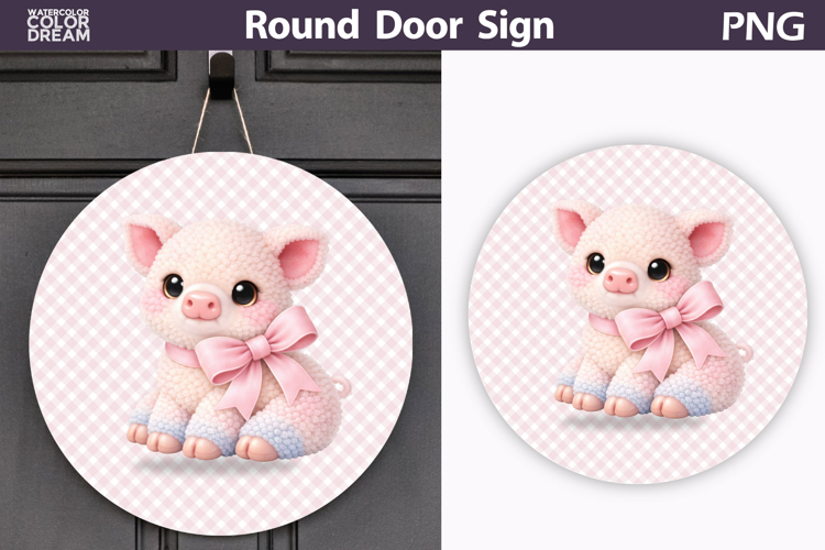 Coquette Baby Pig Round Door Sign | Pink Gingham PNG