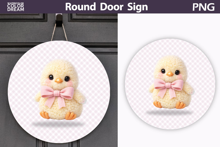 Coquette Baby Chick Round Door Sign | Blush Gingham PNG