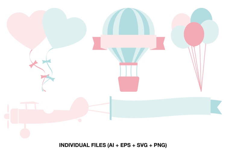 Four pastel pink and blue illustrations for baby showers and gender reveal celebrations