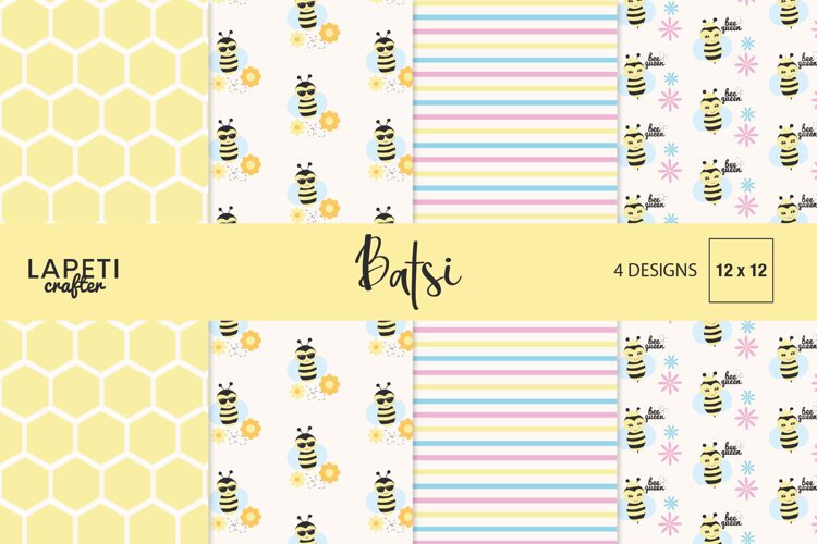 Pastel bee digital paper collection with honeycomb flowers and striped patterns