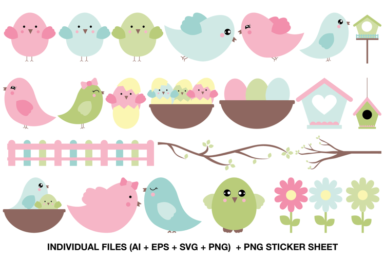 pastel birds clipart set for crafts