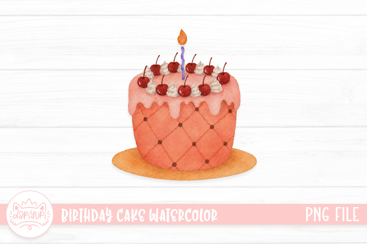 Pastel birthday cake with cherries and candle