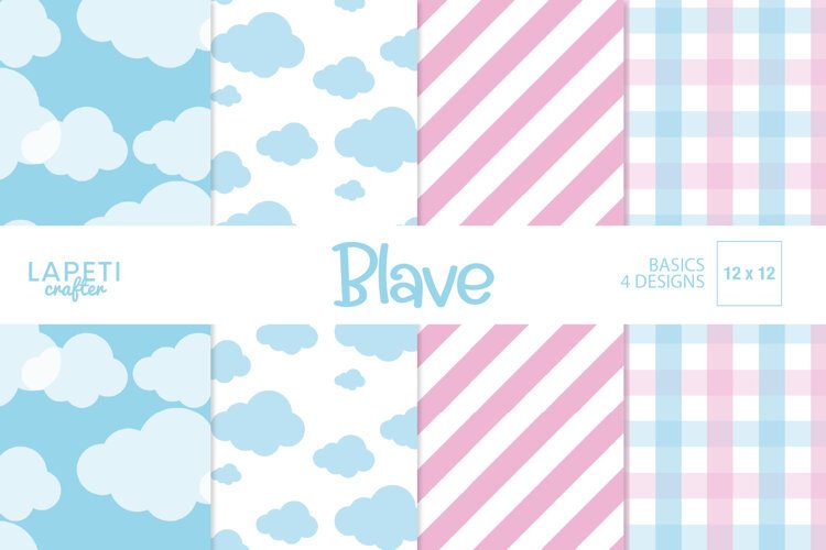 Pastel blue and pink digital papers with clouds stripes and plaid