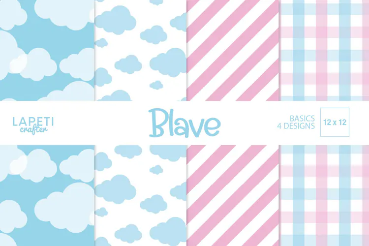 Pastel Cloud Digital Papers with Pink Stripes and Plaid